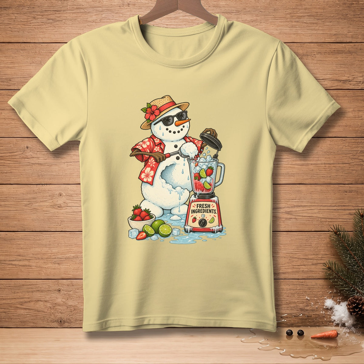 Snowman making a smoothie with strawberries and limes in a blender, text "FRESH INGREDIENTS".