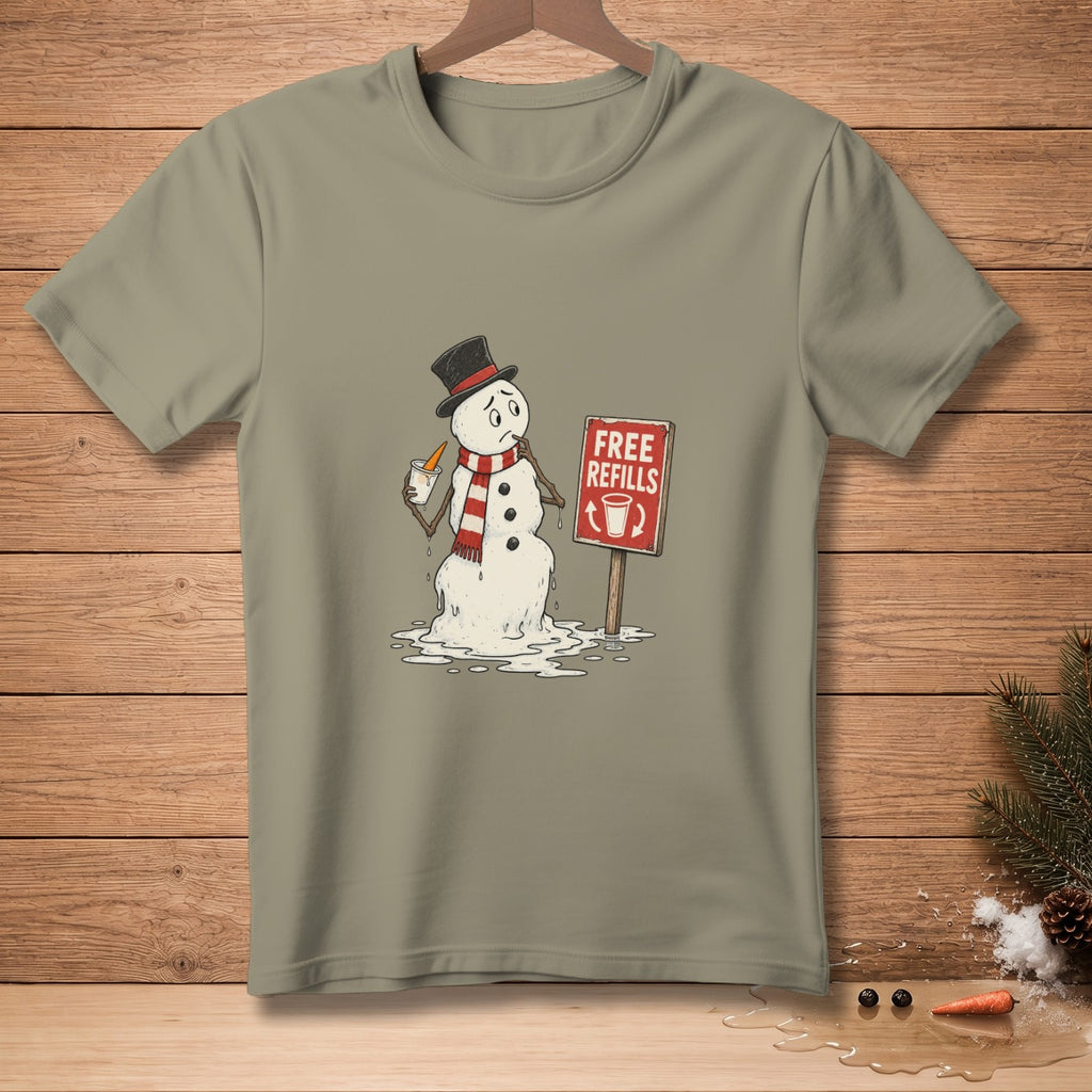 Melting snowman with carrot nose, hat, scarf, and "Free Refills" sign.