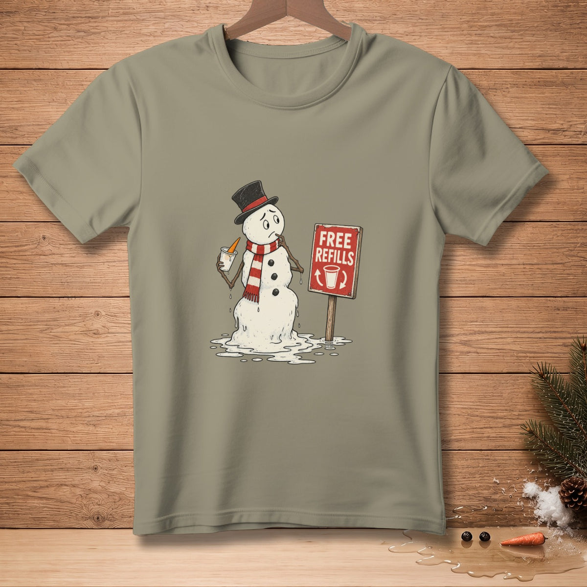 Melting snowman with carrot nose, hat, scarf, and "Free Refills" sign.