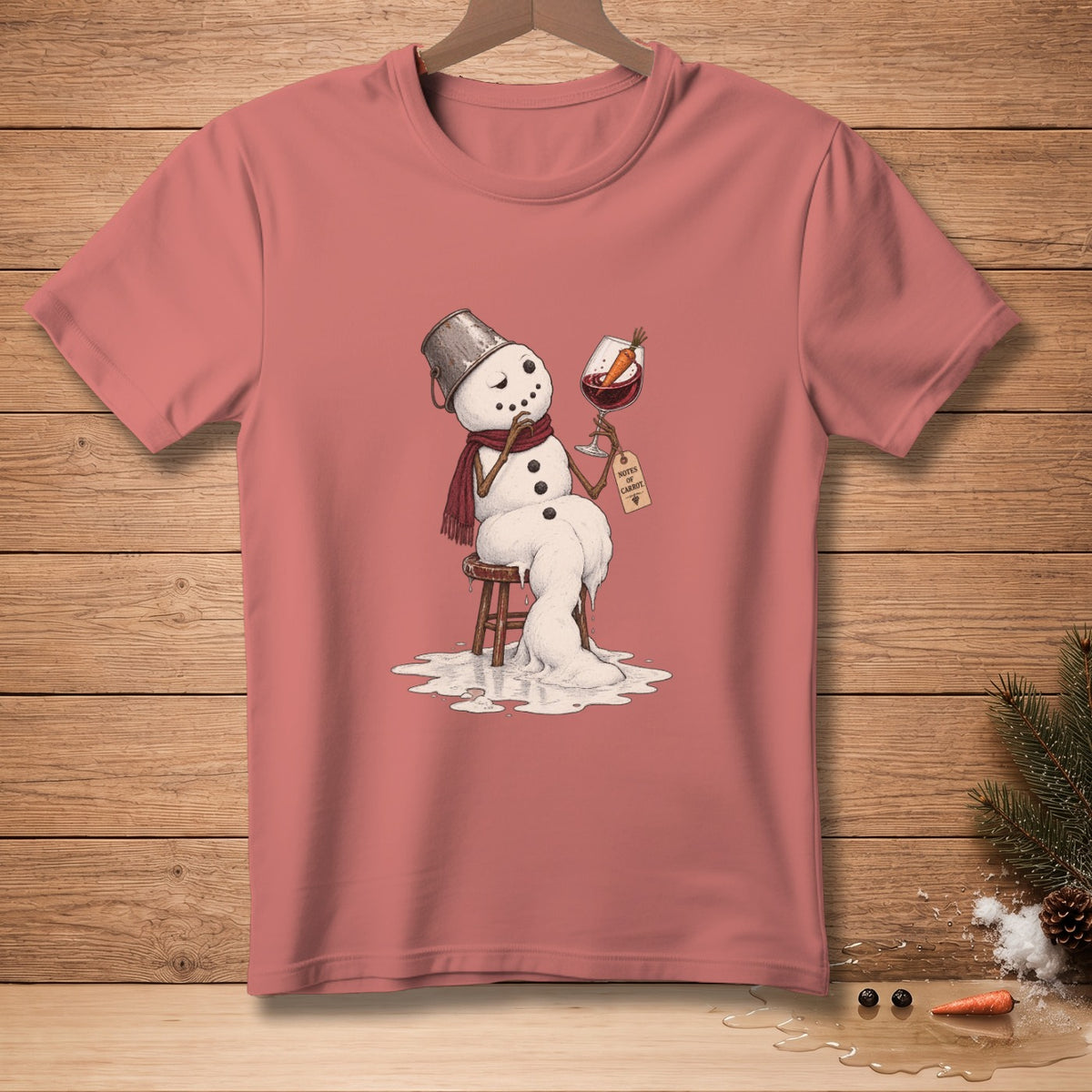 T-shirt with melting snowman holding a wine glass with a carrot.