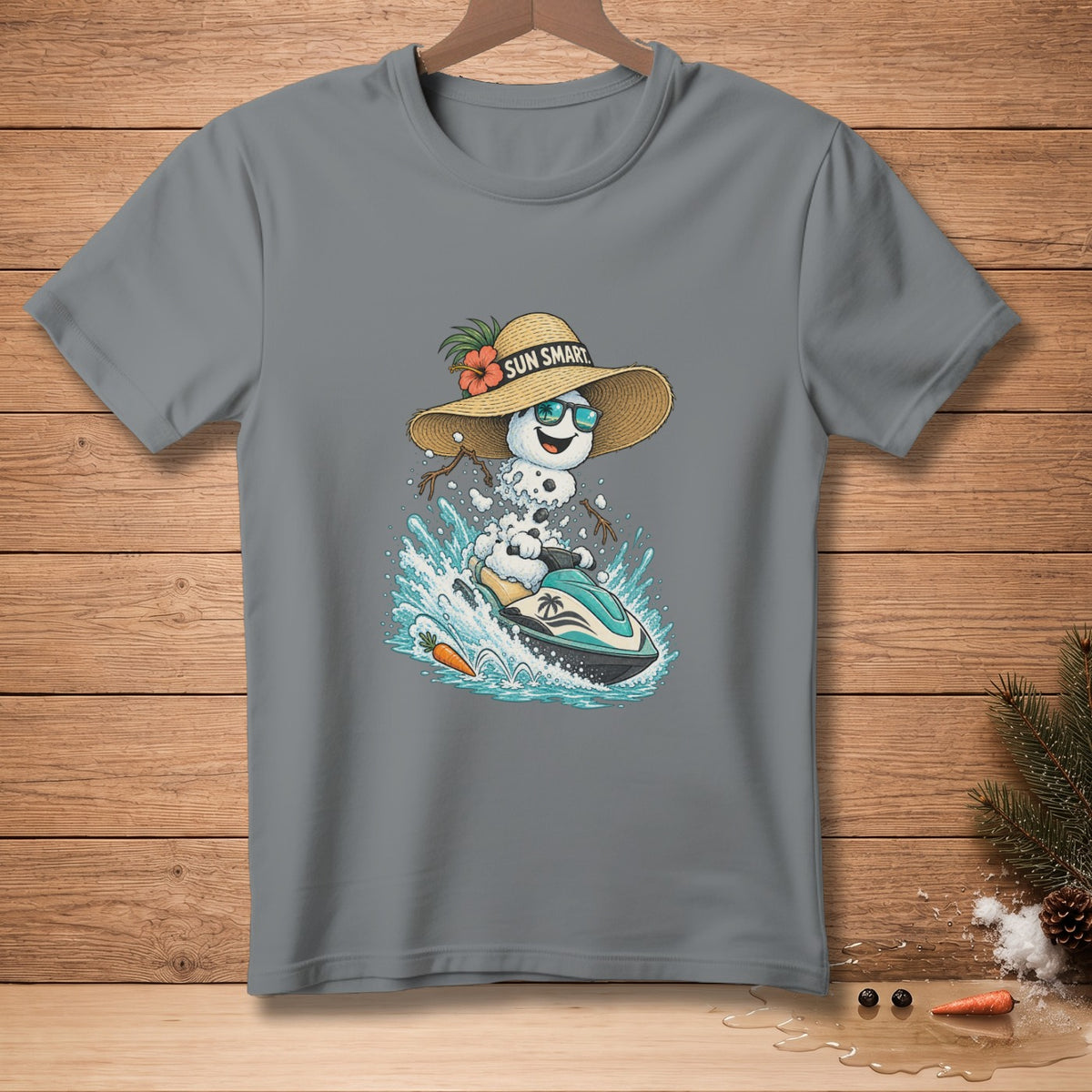 Snowman in straw hat and sunglasses riding a jet ski, with text "SUN SMART".