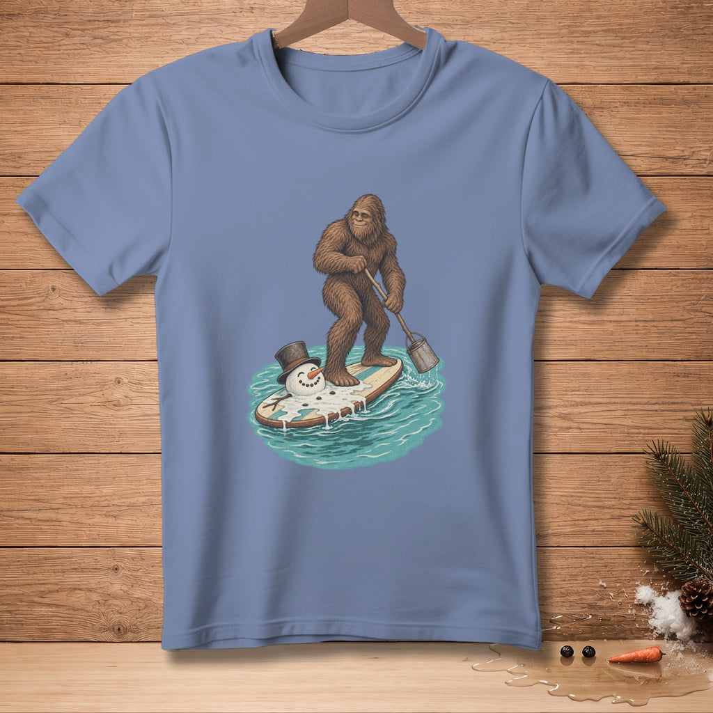 Bigfoot surfing a melting snowman on a paddleboard in the ocean.