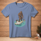 Bigfoot surfing a melting snowman on a paddleboard in the ocean.