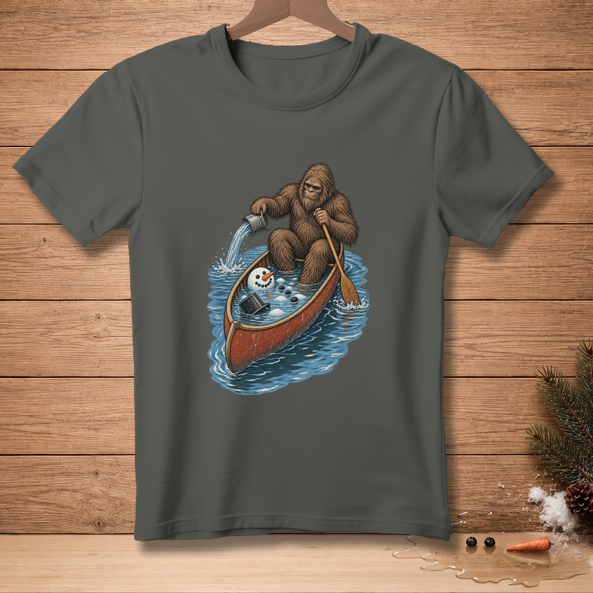 Bigfoot paddles a canoe with a melting snowman and a bucket of water.