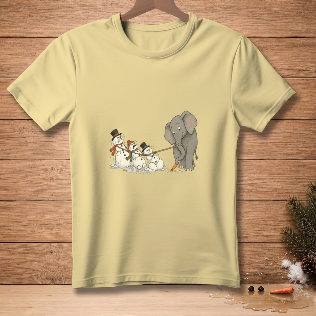 Cartoon elephant pulls snowmen on a rope, with carrot noses and twig arms.