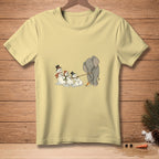 Cartoon elephant pulls snowmen on a rope, with carrot noses and twig arms.