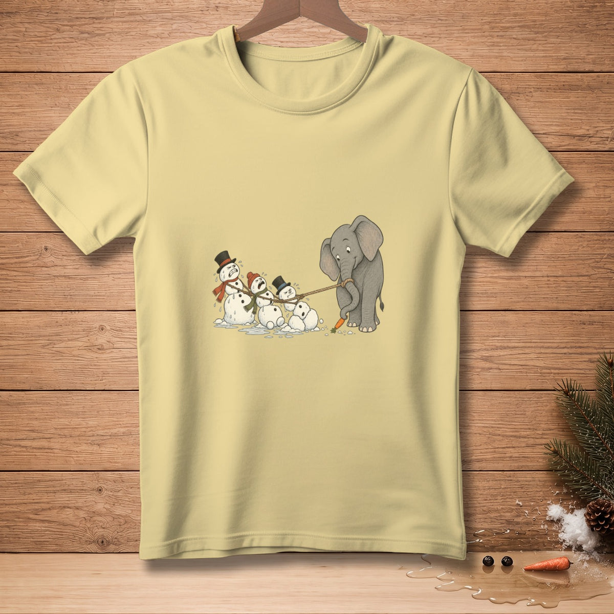 Cartoon elephant pulls snowmen on a rope, with carrot noses and twig arms.