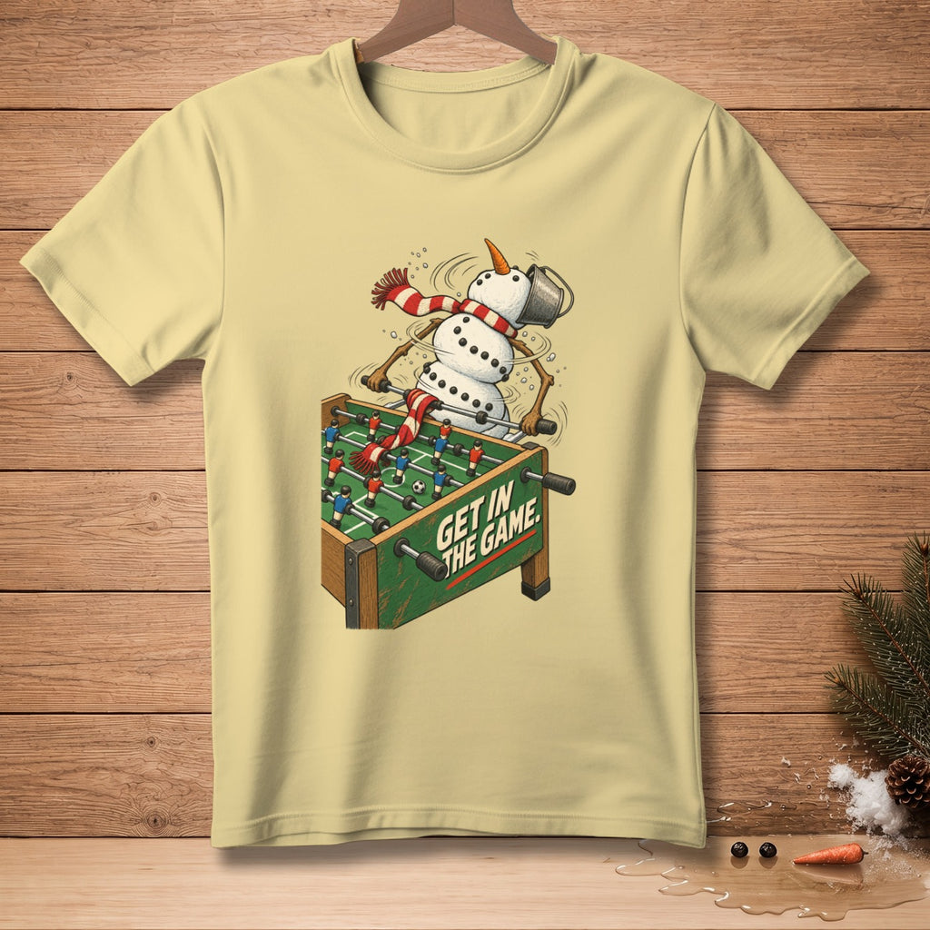 Snowman playing foosball with text "Get In The Game."