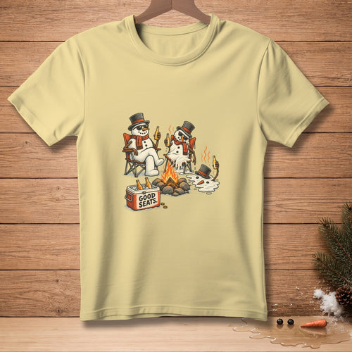 T-shirt graphic of melting snowmen with top hats by a campfire, text "GOOD SEATS".