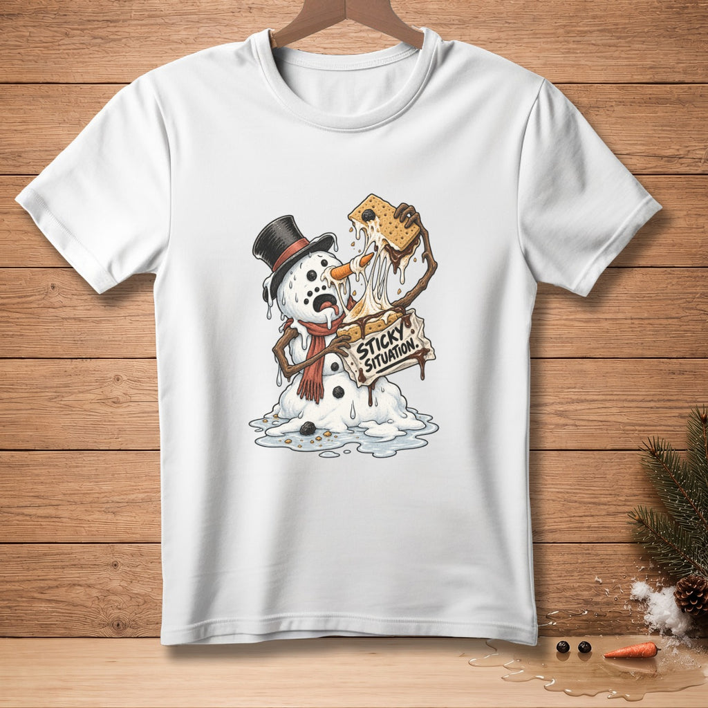 White t-shirt with melting snowman graphic holding s'more with text "Sticky Situation".