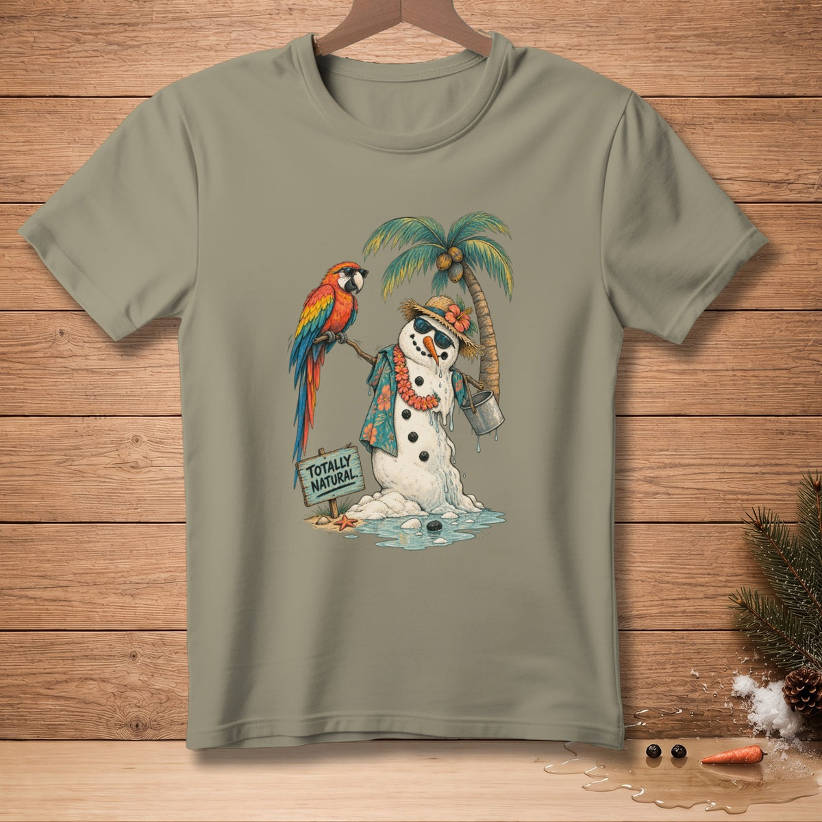 Melting snowman in Hawaiian shirt, sunglasses, and hat with parrot and "TOTALLY NATURAL" sign.