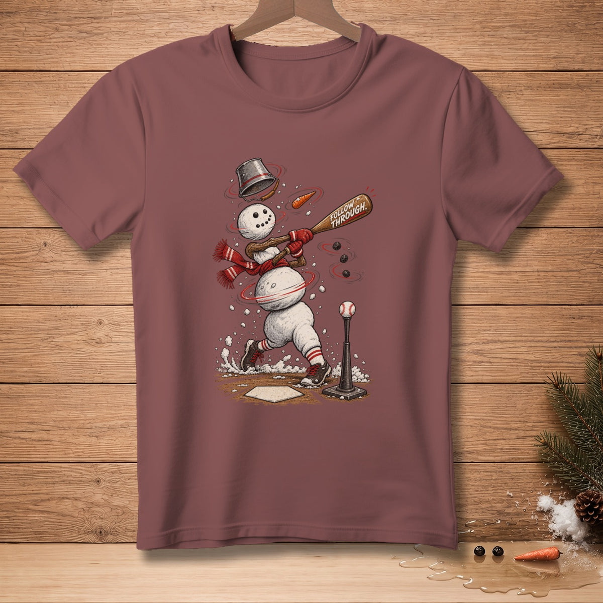 Snowman playing baseball, swinging a bat with "Follow Through" text.