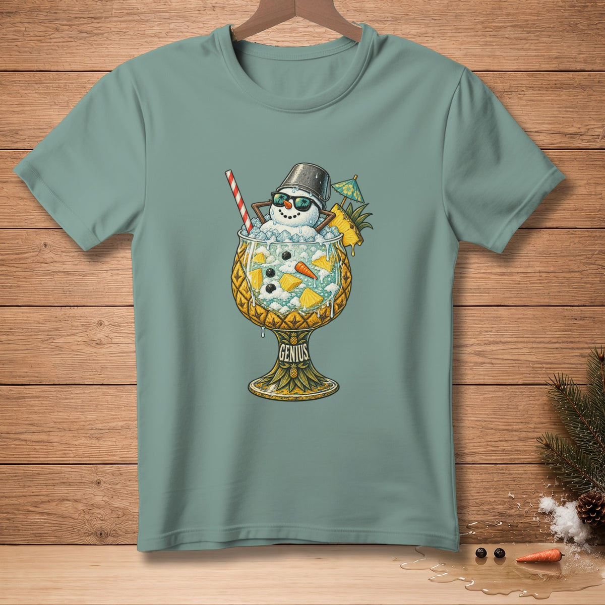 Snowman in a pineapple drink with a bucket hat and sunglasses, "Genius" text.