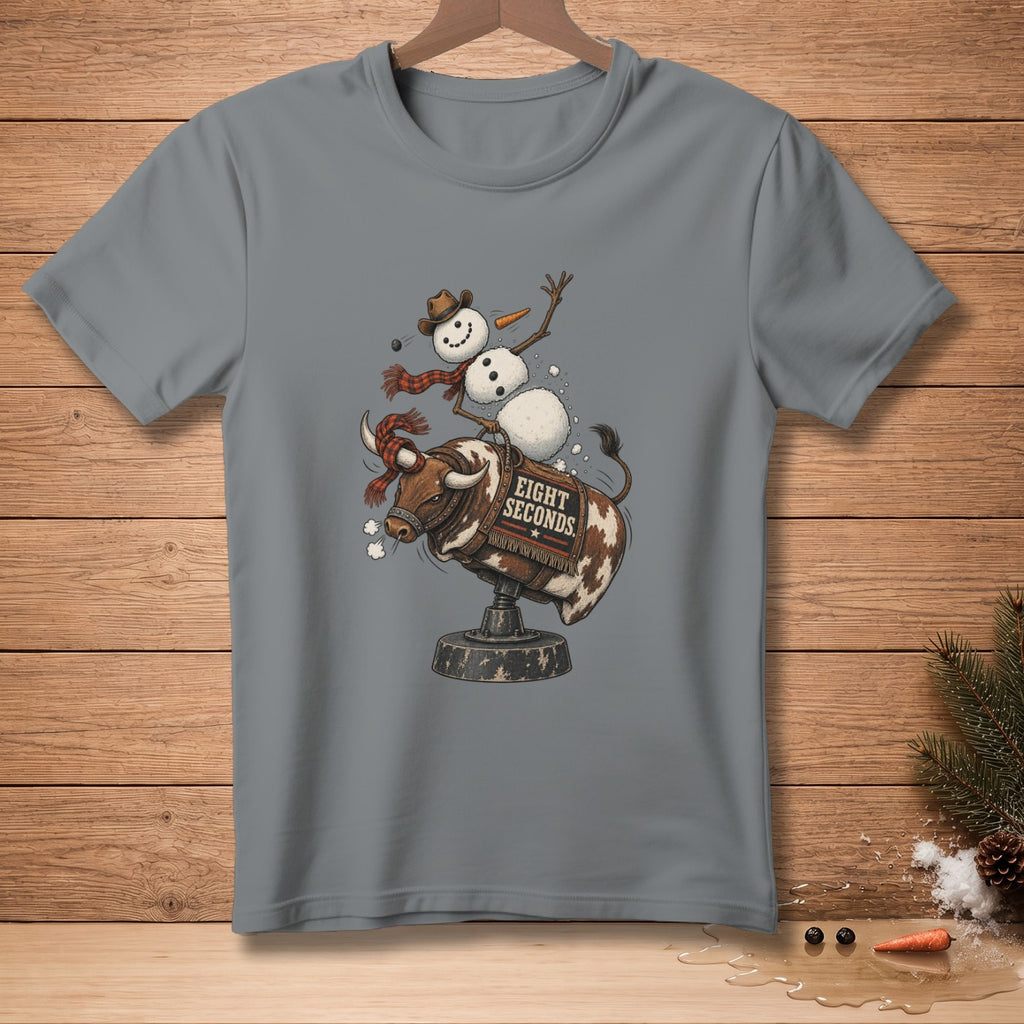 Gray t-shirt with snowman riding a bull with "EIGHT SECONDS" text.