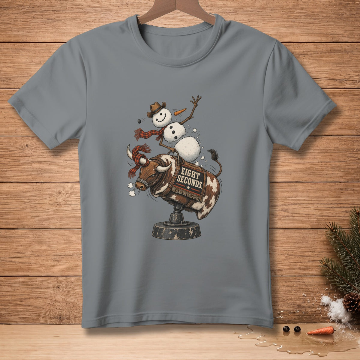 Gray t-shirt with snowman riding a bull with "EIGHT SECONDS" text.