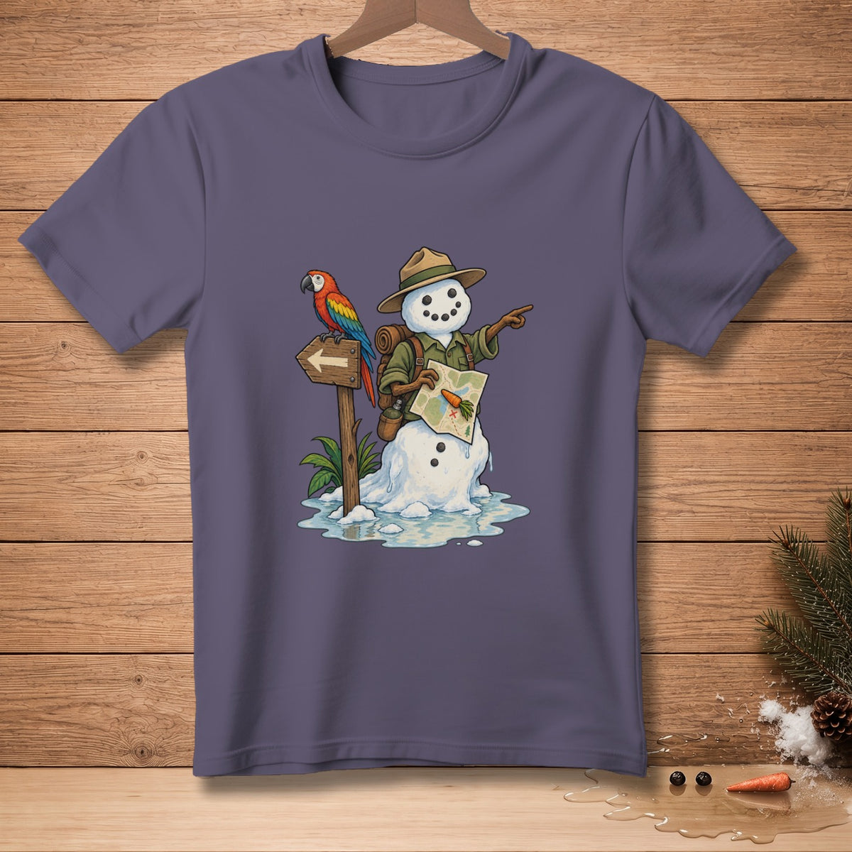 Snowman explorer with a parrot and map, pointing direction near a signpost.