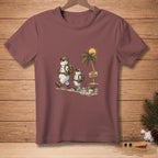 Two snowmen in camouflage hats walk past a sign saying "KEEP FORMATION" under a palm tree.