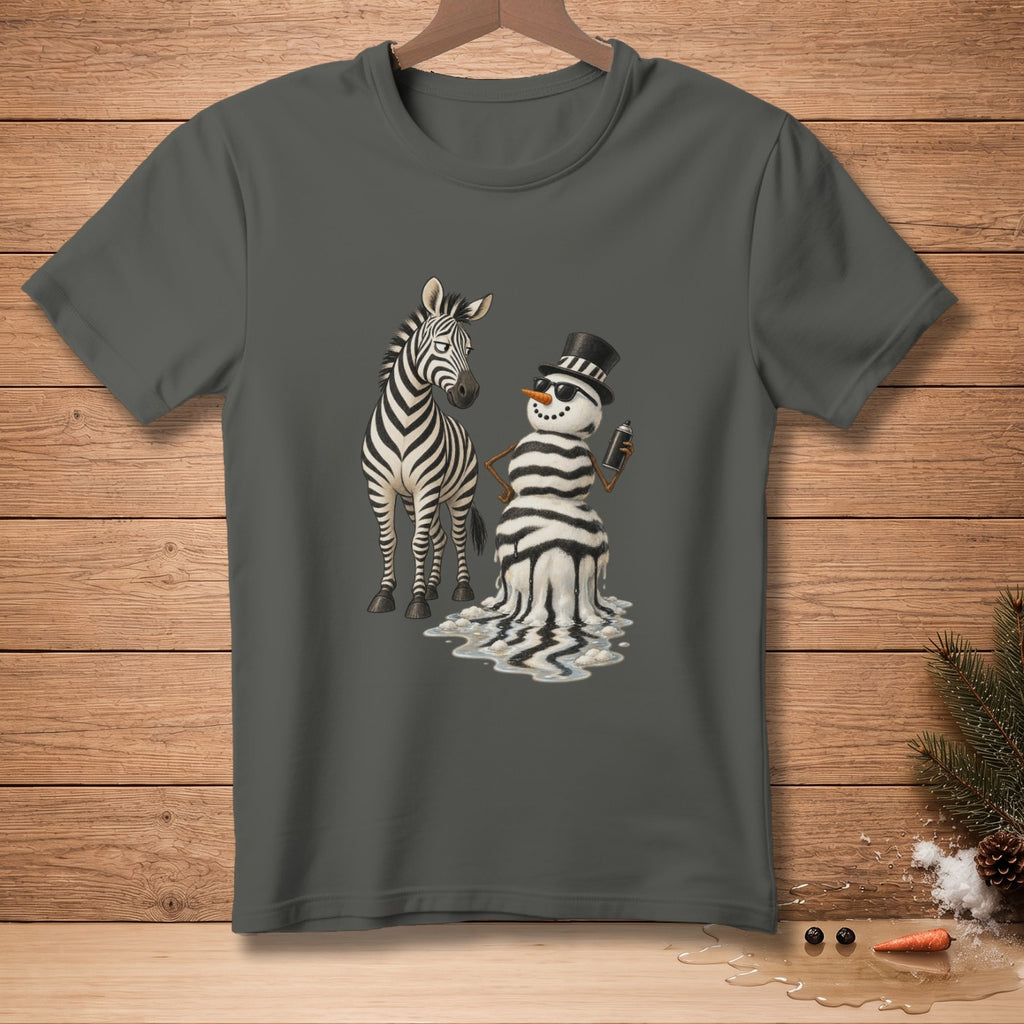 Zebra and melting snowman with sunglasses and top hat on dark gray t-shirt.