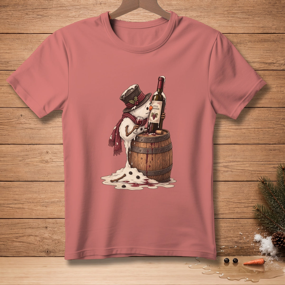 Melting snowman in hat and scarf holding wine glass near wine barrel and bottle.