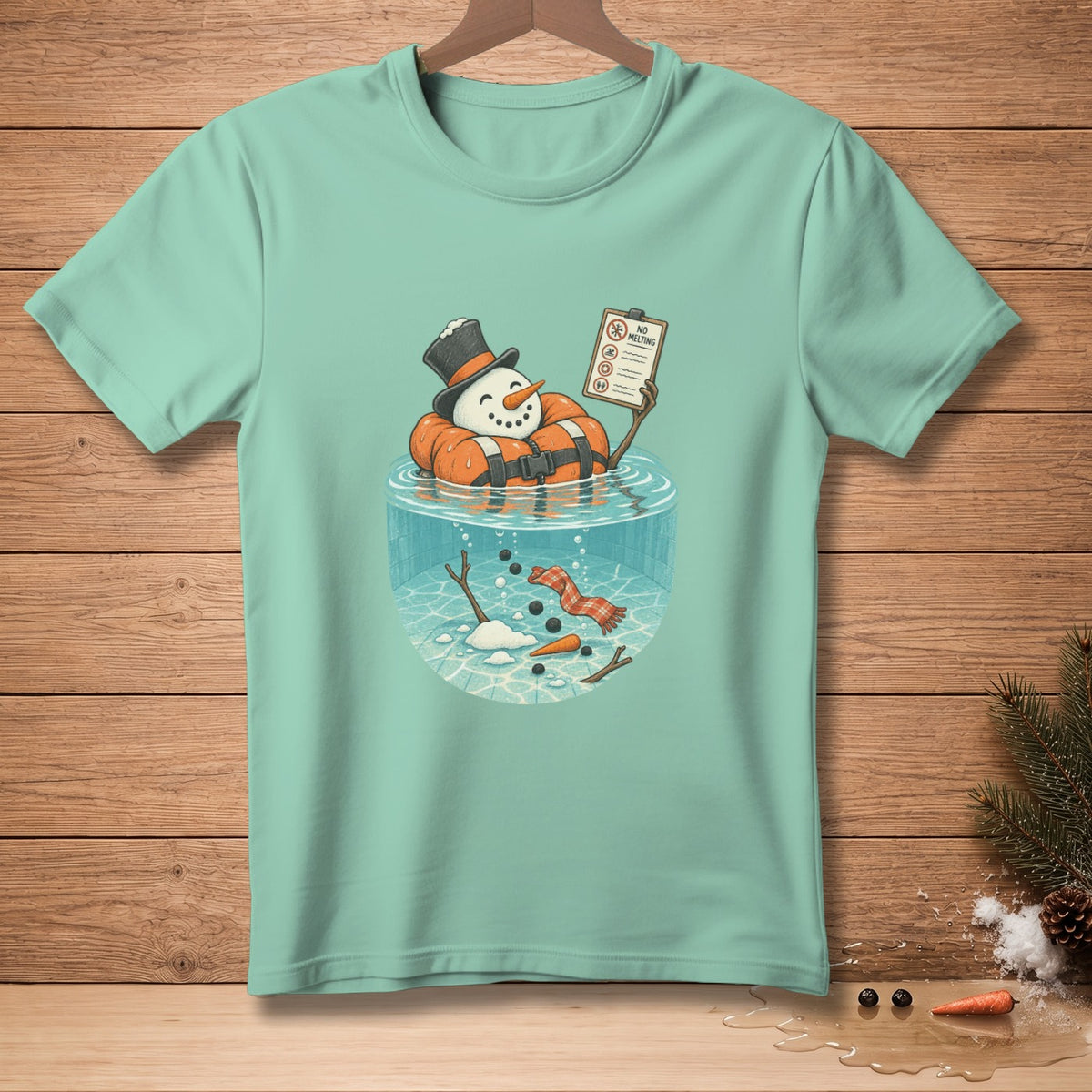 Snowman in life preserver reads "No Melting" sign in a water-filled fishbowl.