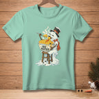 Melting snowman in top hat eats mac and cheese with "NO NOTES" text.