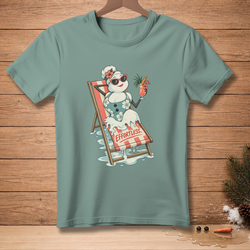 Snowman on a lounge chair with a cocktail and the word "Effortless".