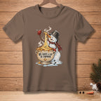 Snowman eating spaghetti from a bowl with text "We have a lot in common."