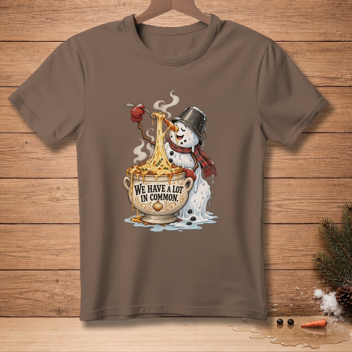 Snowman eating spaghetti from a bowl with text "We have a lot in common."