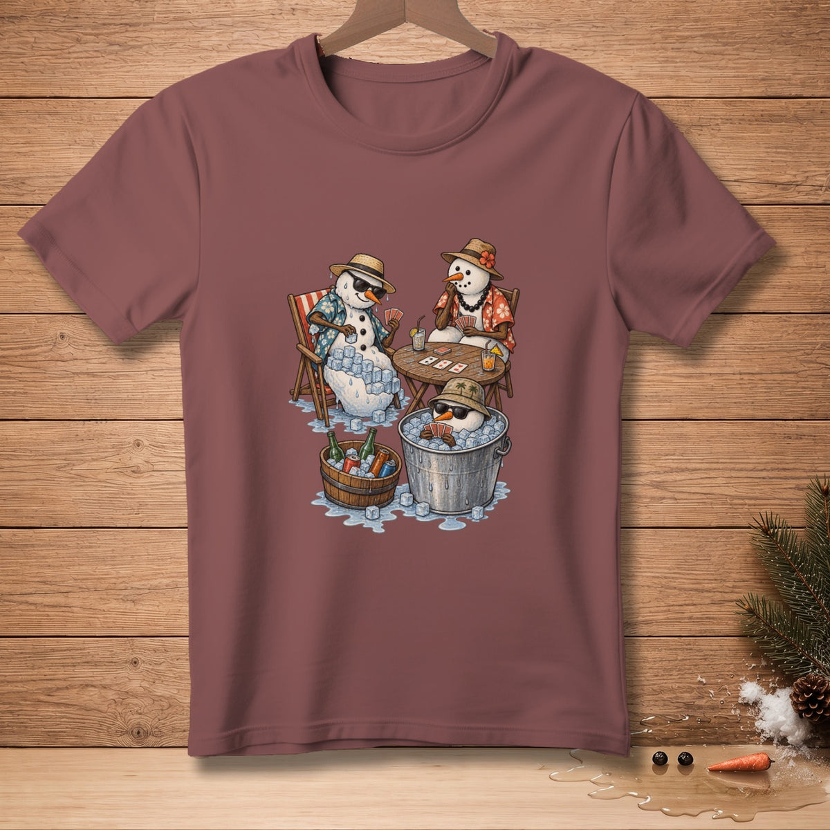 Three snowmen in Hawaiian shirts play cards with drinks and ice.