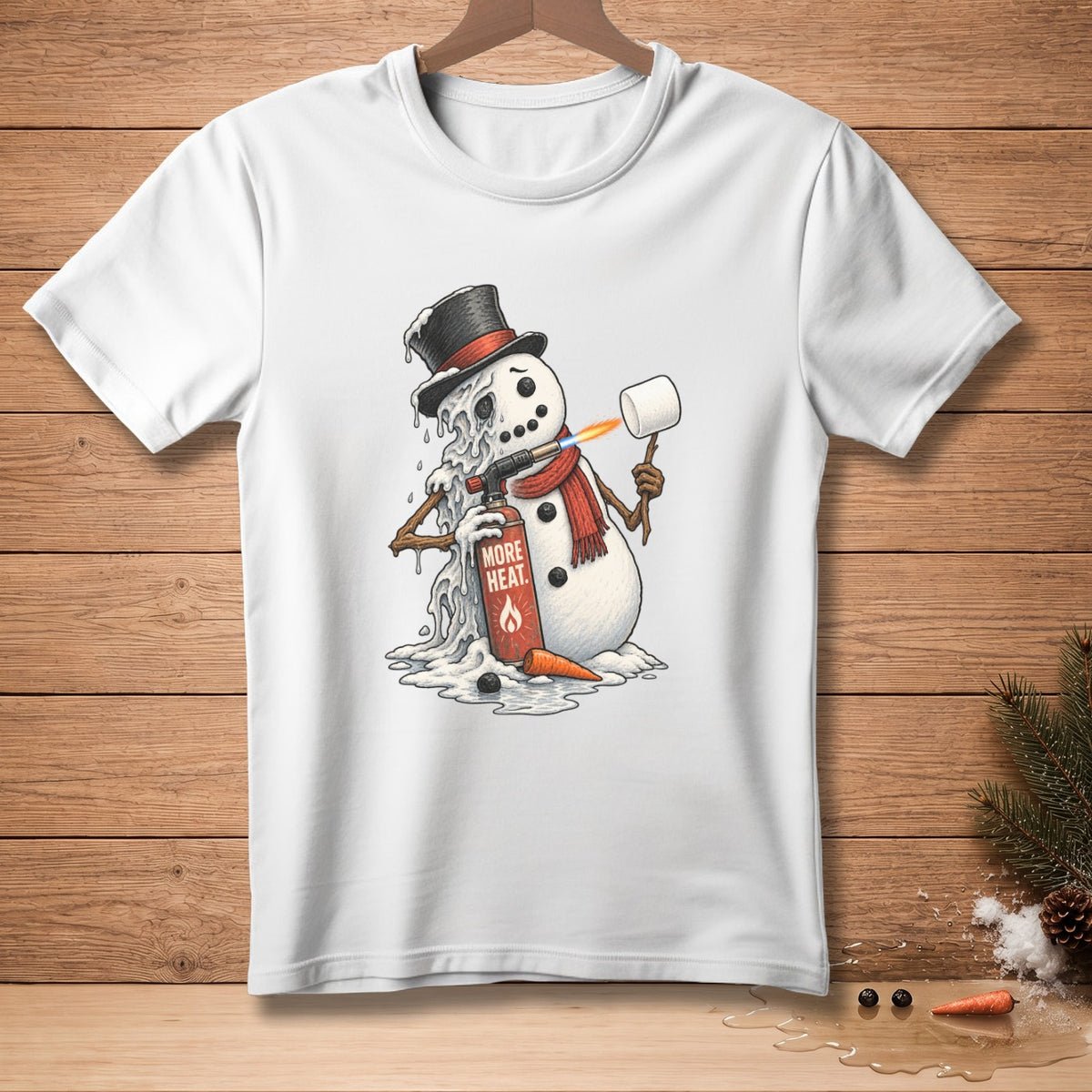 Melting snowman with a torch and a marshmallow on a white t-shirt.