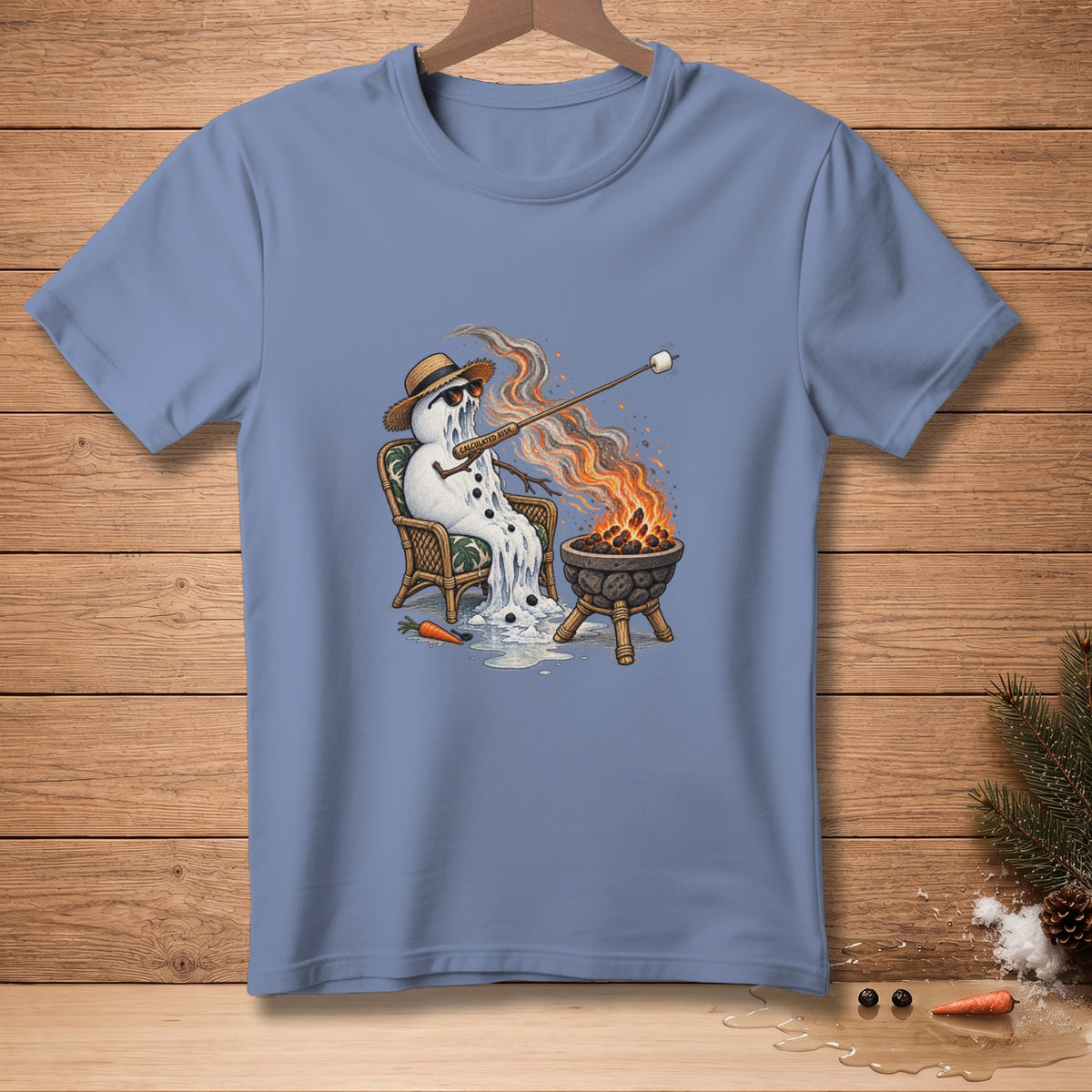 Melting snowman with marshmallow over a fire pit, wearing sunglasses and hat.