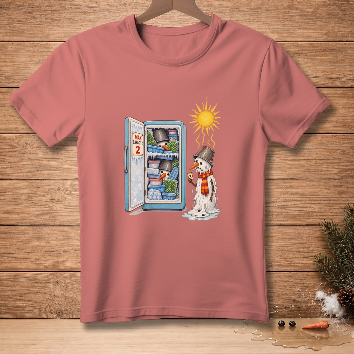 Illustration of a melting snowman, a sun, and an open refrigerator full of snowmen.
