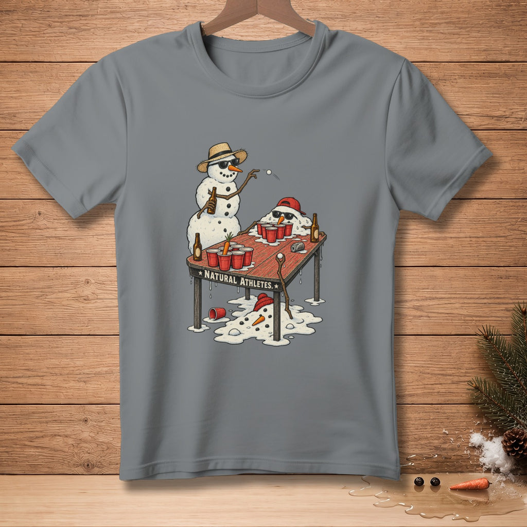Snowmen playing beer pong with melted snowmen and text "NATURAL ATHLETES."