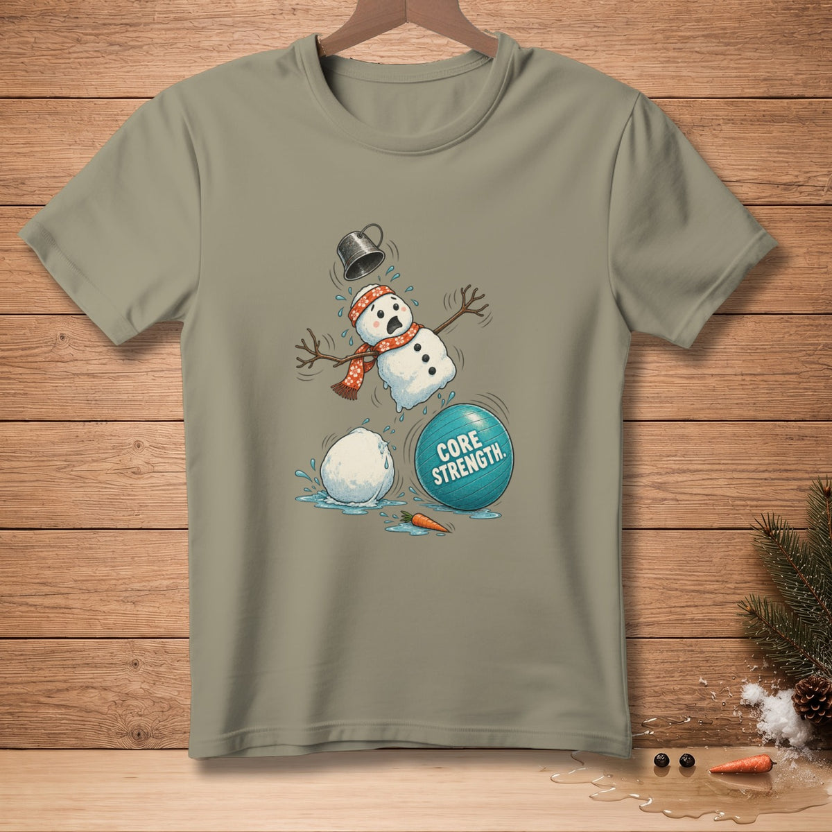 Cartoon of melting snowman failing at exercise with a "Core Strength" exercise ball.