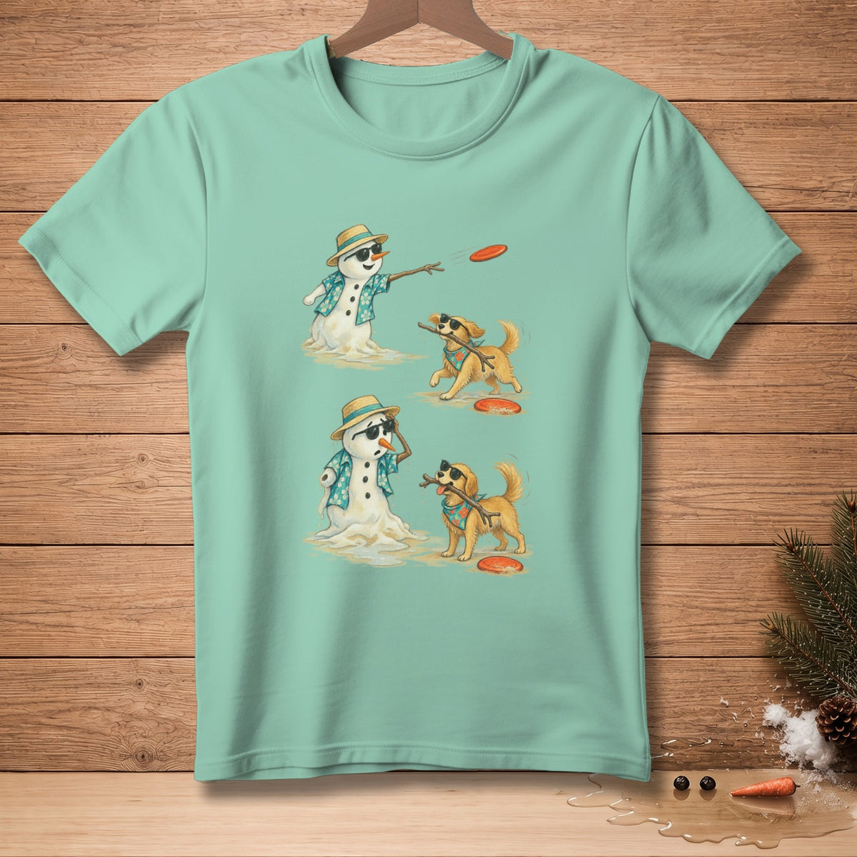 Two melting snowmen in Hawaiian shirts and sunglasses play frisbee with dogs.