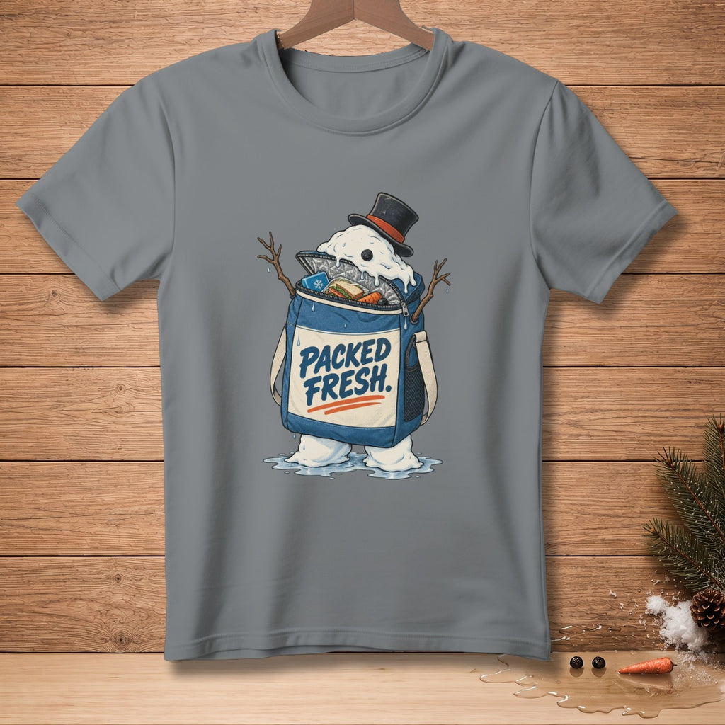 Snowman in a top hat with a cooler bag labeled "PACKED FRESH" melting.