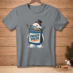 Snowman in a top hat with a cooler bag labeled "PACKED FRESH" melting.