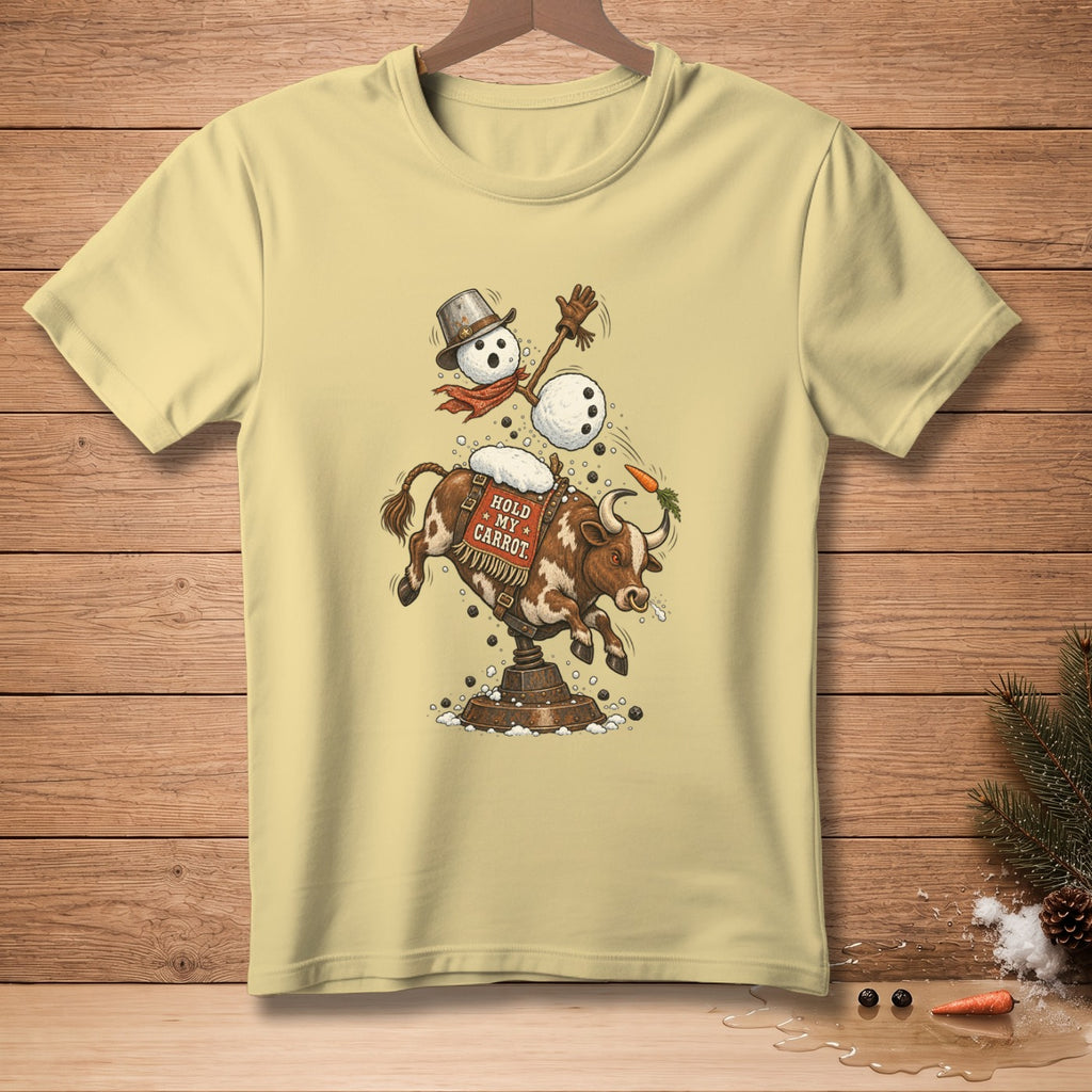 Snowman riding a bull with "Hold My Carrot" text on saddle.