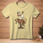 Snowman riding a bull with "Hold My Carrot" text on saddle.