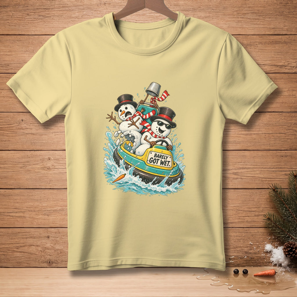 Yellow t-shirt with snowmen in a jet ski with text "Barely Got Wet".