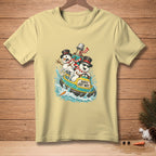 Yellow t-shirt with snowmen in a jet ski with text "Barely Got Wet".
