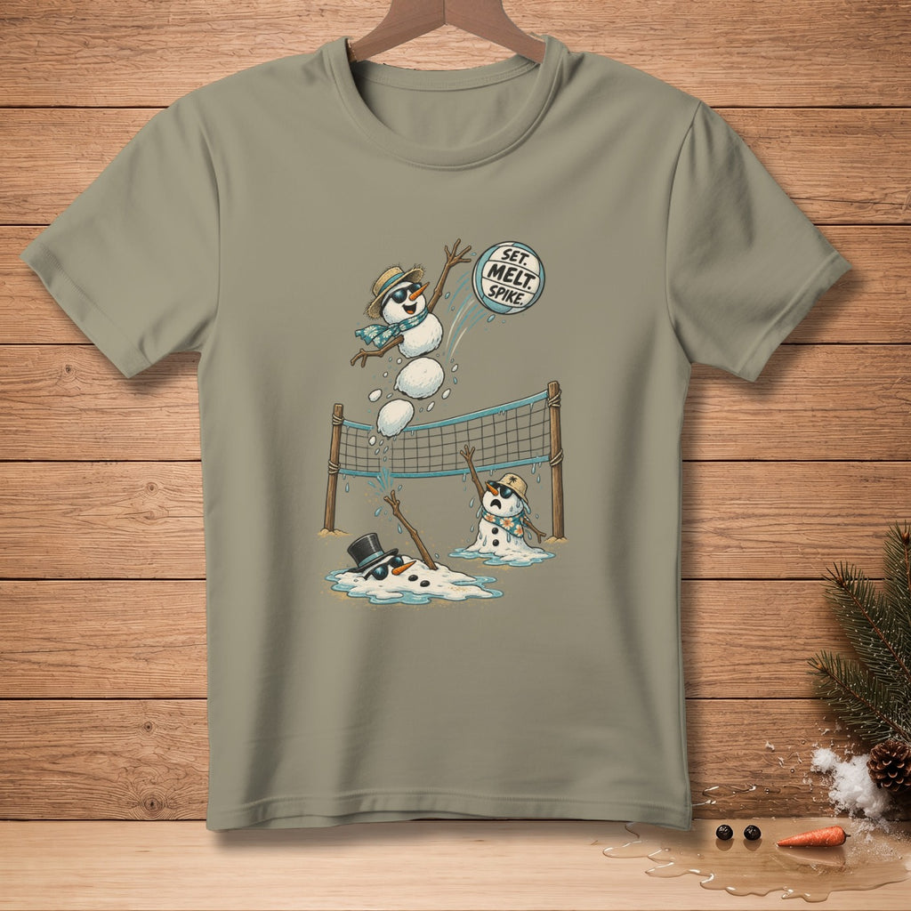 Snowmen playing volleyball with the text "Set. Melt. Spike."
