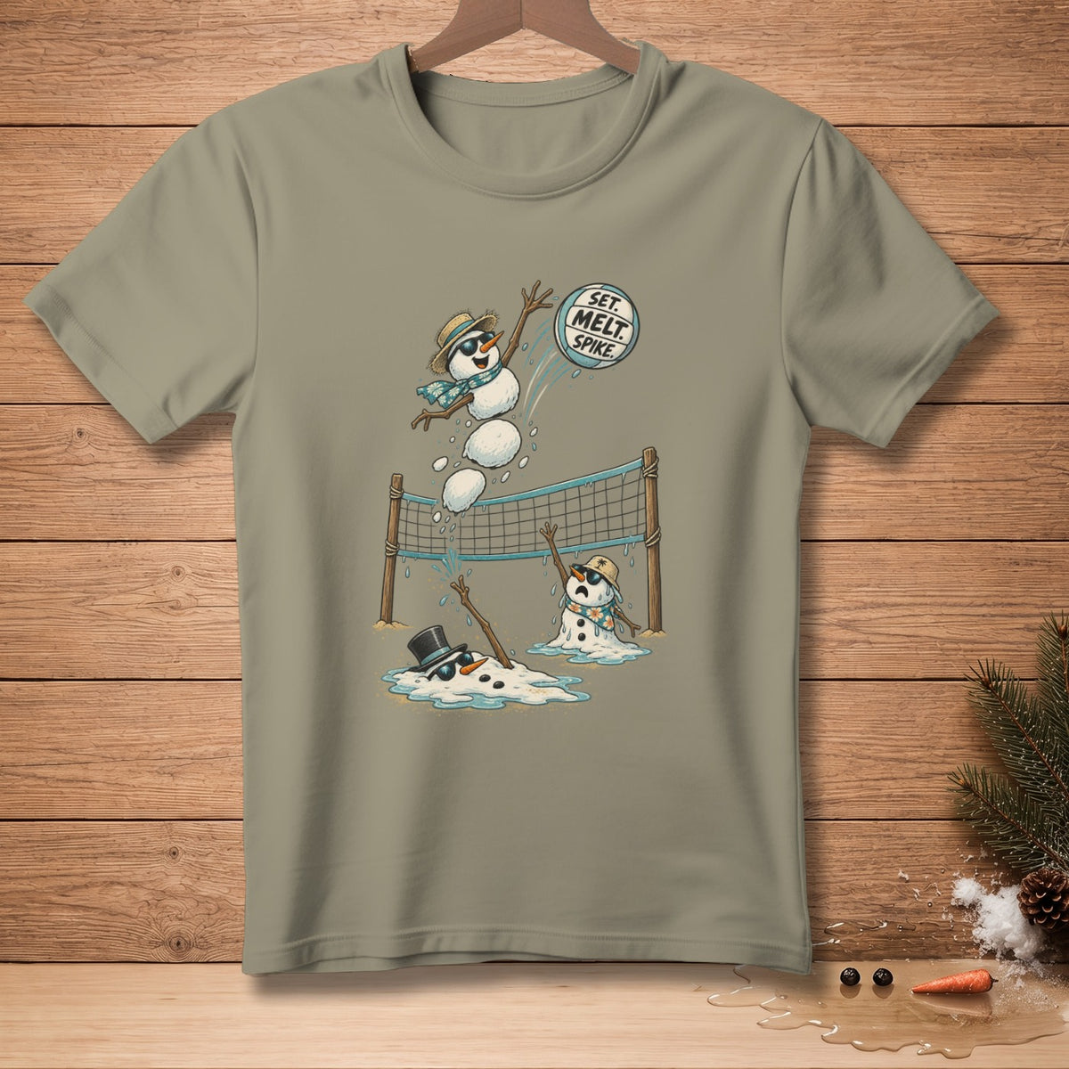 Snowmen playing volleyball with the text "Set. Melt. Spike."