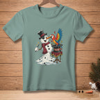 Snowman with magic wand and melting body, a parrot in a hat saying "TA-DA".