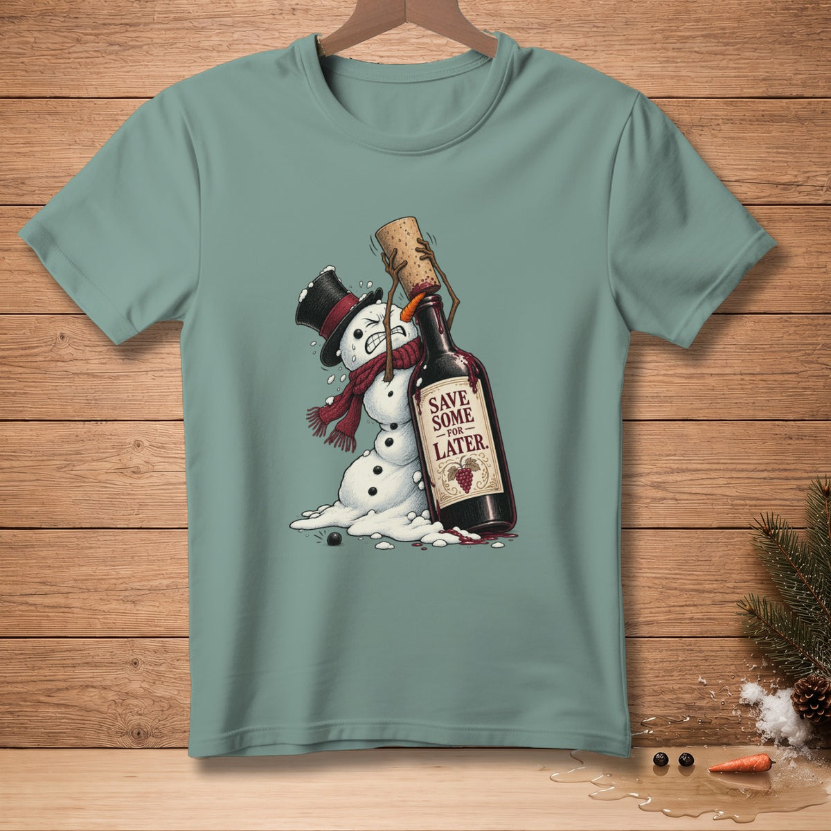 Melting snowman with wine bottle labeled "Save Some For Later".