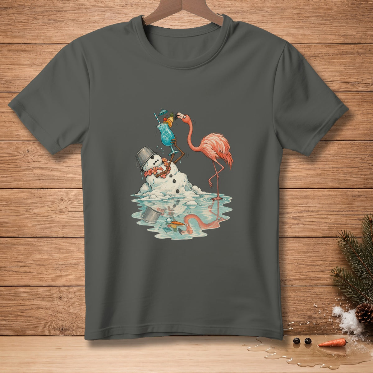 Flamingo with cocktail offers drink to melting snowman on beach.