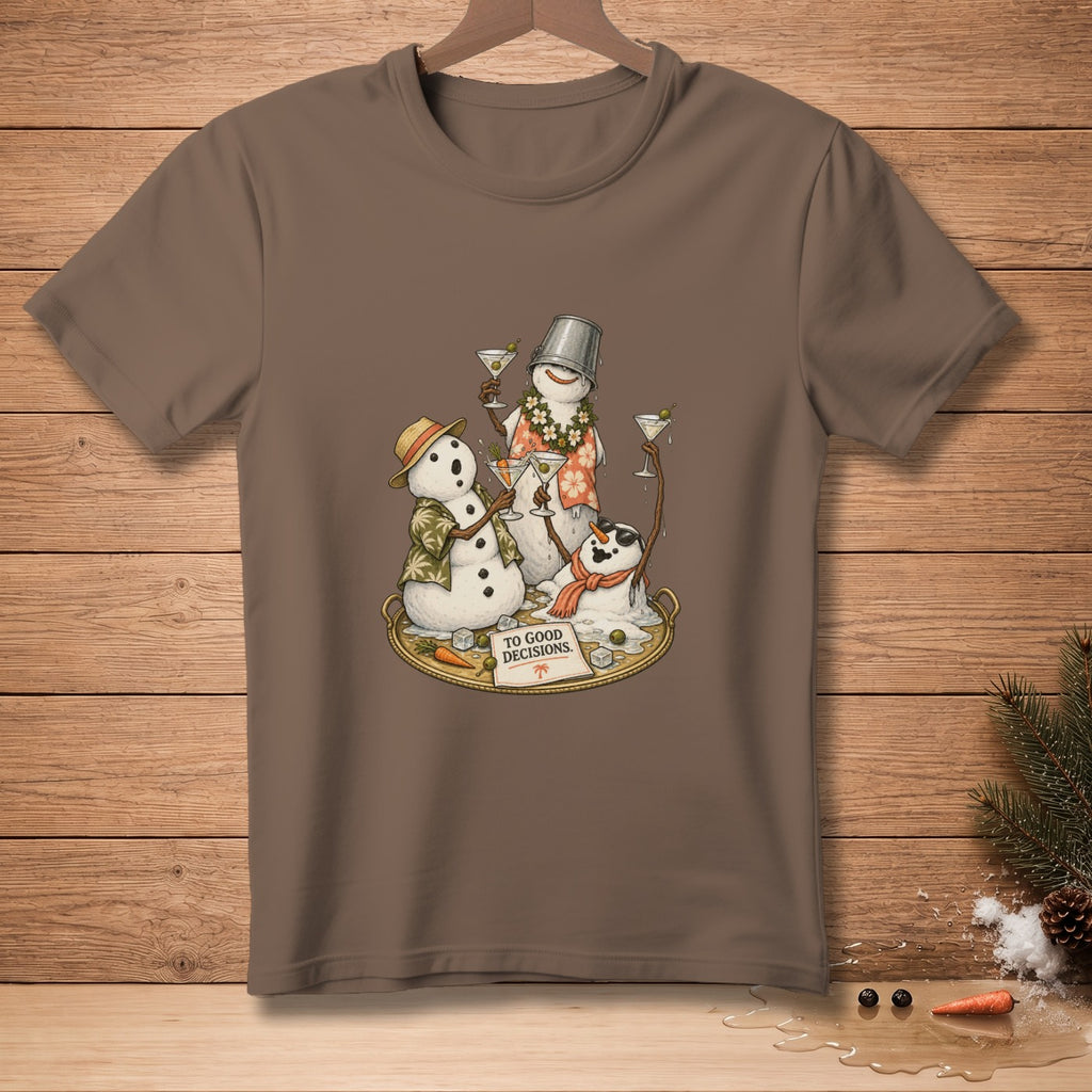 Three snowmen in Hawaiian shirts and hats hold martini glasses and a sign reading "To Good Decisions."