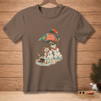 Two snowmen with drinks under an umbrella with a parrot and text "Paradise Found".