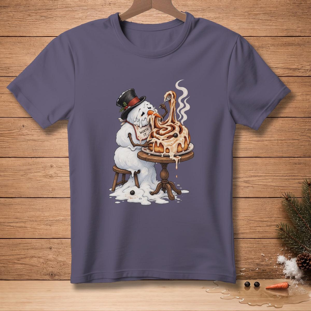 Melting snowman in top hat eating a cinnamon roll that says "Worth It."