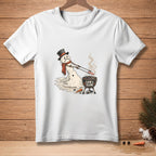Melting snowman with top hat and scarf grilling, text "LOW & SLOW".